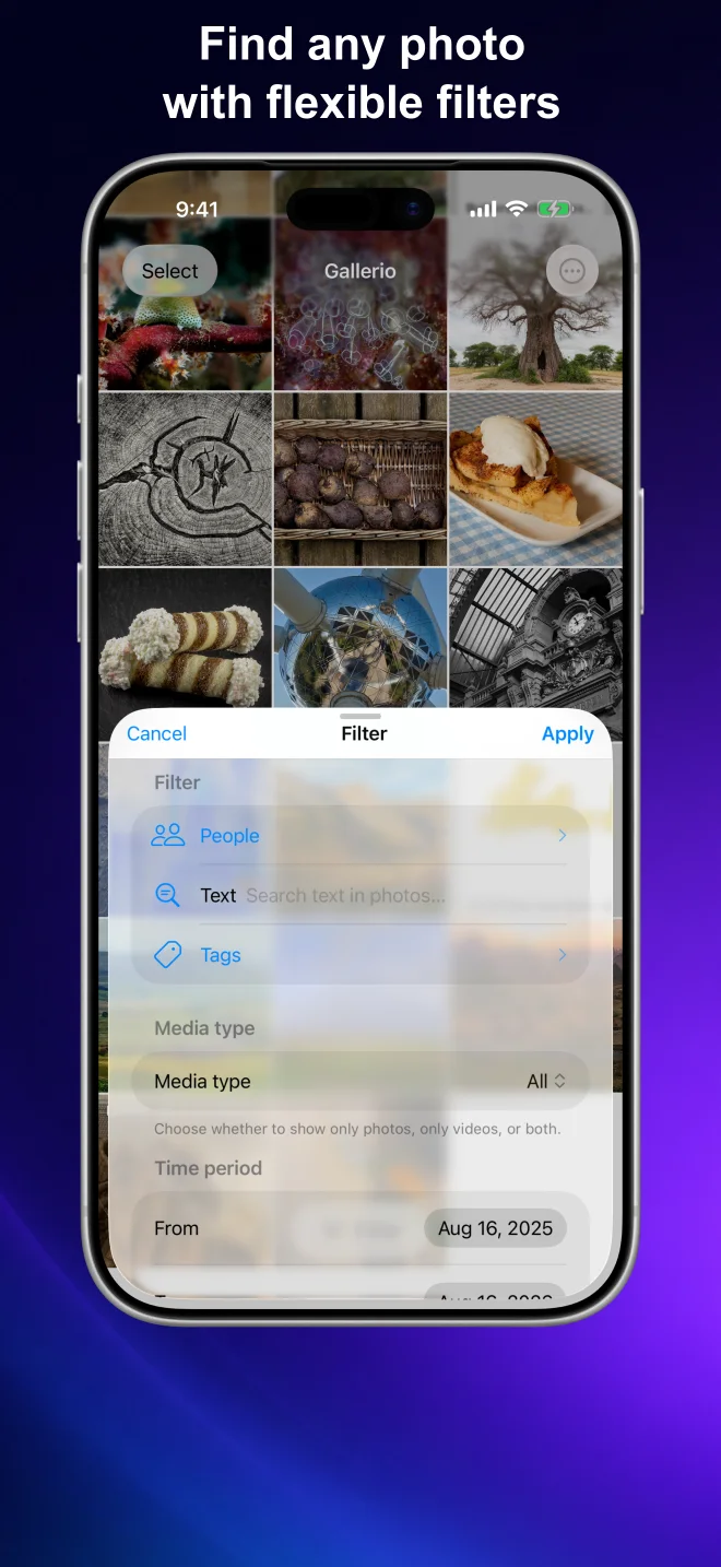 Framed iPhone showing Gallerio filters for people, text, tags, media type, and time period